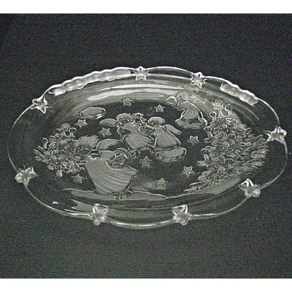 Mikasa Crystal Angel Plate Serving Dish Holidays Stars Trees 8" Retired Pattern - Picture 1 of 11